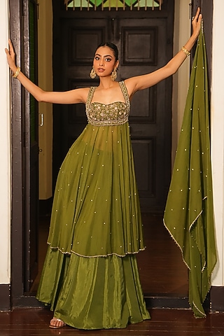 Mint Green Uppada Silk & Viscose Organza Zardosi Embroidered Anarkali Set by EnamourByRadha