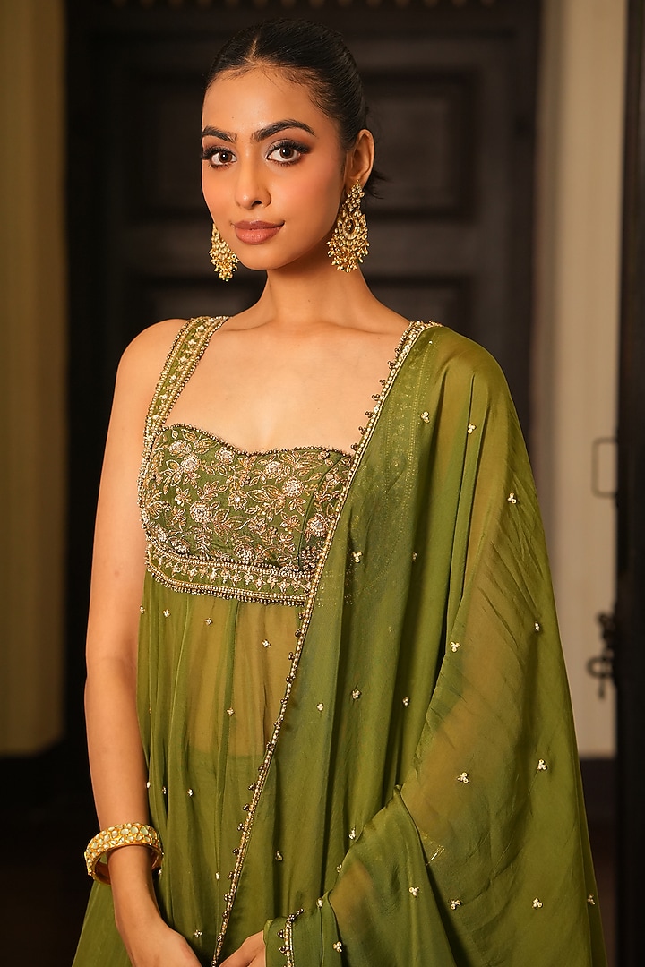 Mint Green Uppada Silk & Viscose Organza Zardosi Embroidered Wedding Anarkali Set by EnamourByRadha at Pernia's Pop Up Shop