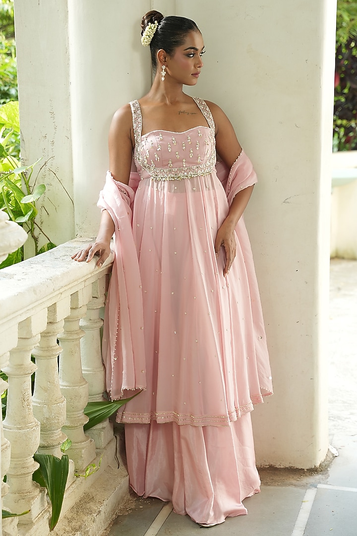 Mint Green Uppada Silk & Viscose Organza Pearl Embroidered Wedding Anarkali Set by EnamourByRadha at Pernia's Pop Up Shop