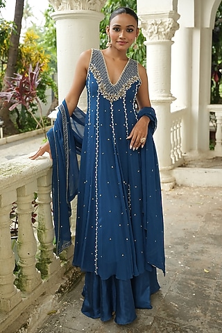 Deep Blue Georgette Sequins Embroidered Anarkali Set by EnamourByRadha
