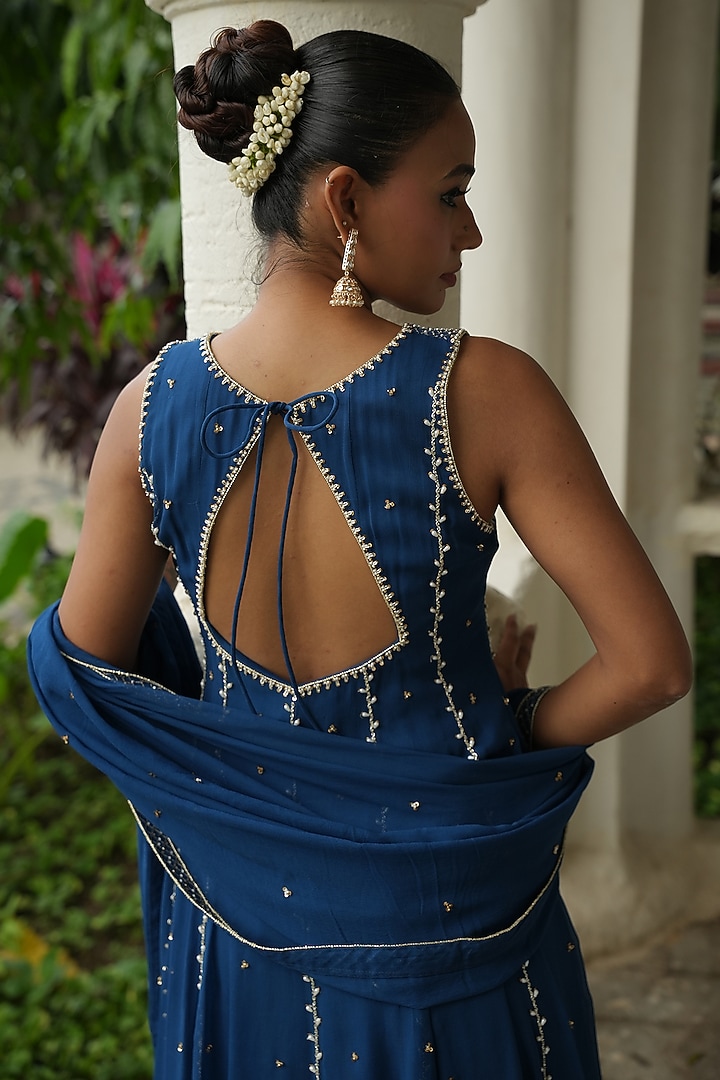 Deep Blue Georgette Sequins Embroidered Wedding Anarkali Set by EnamourByRadha at Pernia's Pop Up Shop