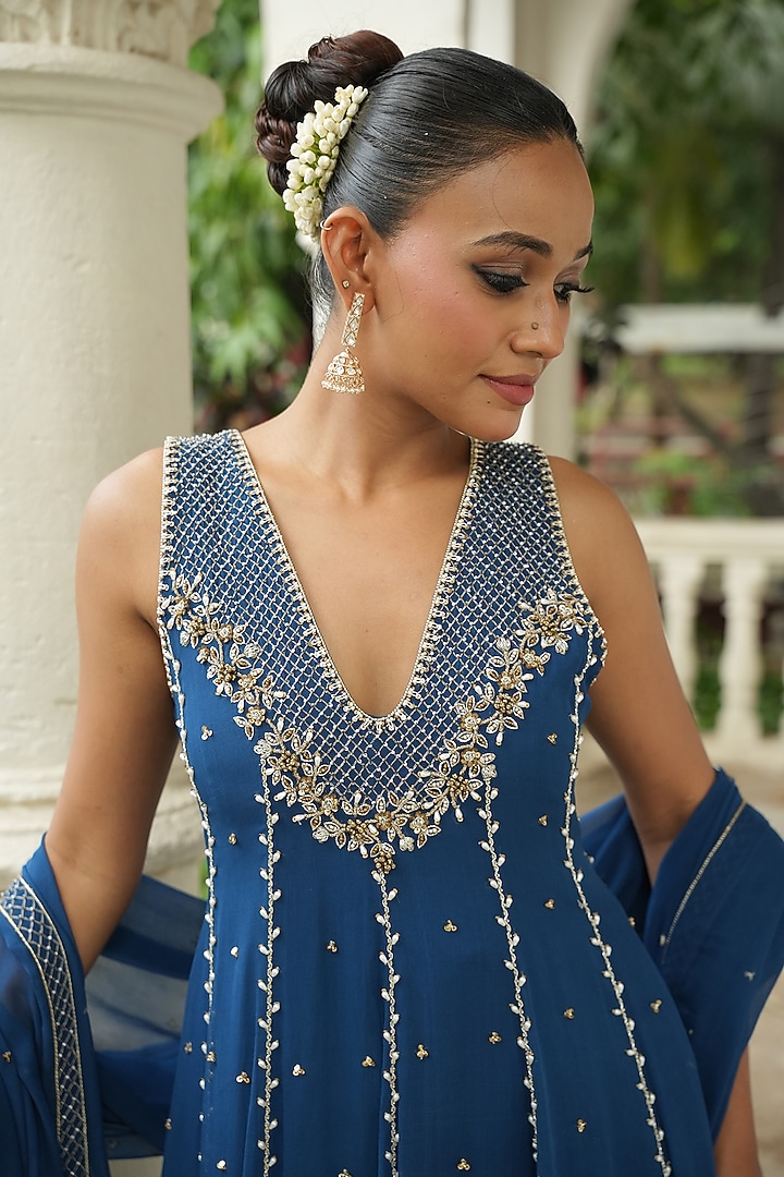Deep Blue Georgette Sequins Embroidered Wedding Anarkali Set by EnamourByRadha at Pernia's Pop Up Shop
