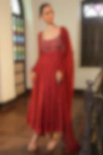 Burnt Rust Georgette & Uppada Silk Cutdana Embroidered Wedding Anarkali Set by EnamourByRadha at Pernia's Pop Up Shop