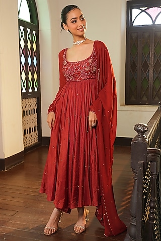 Burnt Rust Georgette & Uppada Silk Cutdana Embroidered Anarkali Set by EnamourByRadha