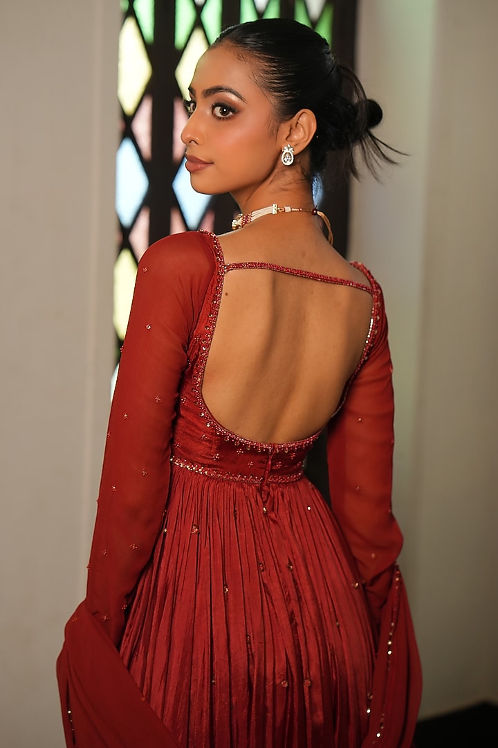 Burnt Rust Georgette & Uppada Silk Cutdana Embroidered Wedding Anarkali Set by EnamourByRadha at Pernia's Pop Up Shop