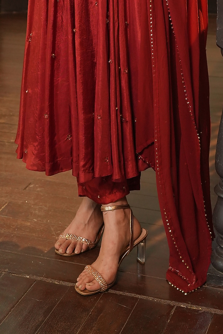Burnt Rust Georgette & Uppada Silk Cutdana Embroidered Wedding Anarkali Set by EnamourByRadha at Pernia's Pop Up Shop