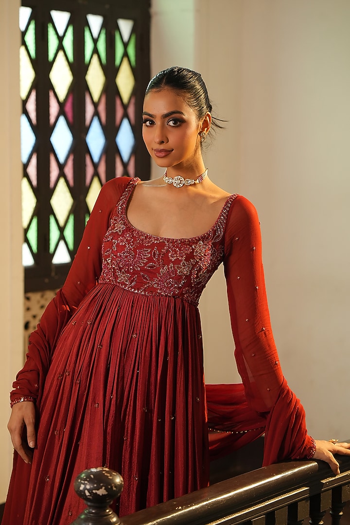 Burnt Rust Georgette & Uppada Silk Cutdana Embroidered Wedding Anarkali Set by EnamourByRadha at Pernia's Pop Up Shop