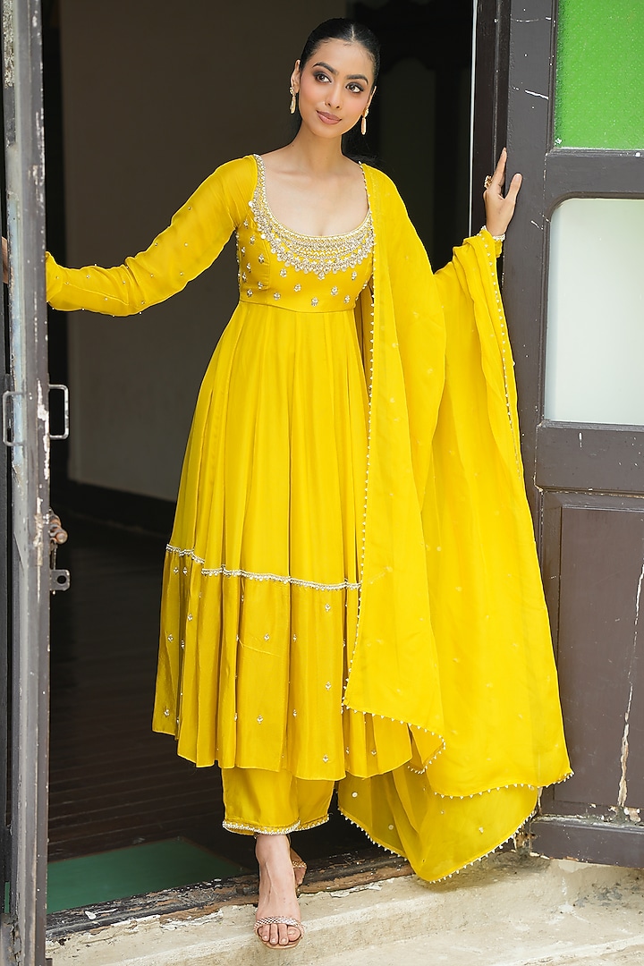 Lime Yellow Uppada Silk & Viscose Organza Pearl Embroidered Wedding Anarkali Set by EnamourByRadha at Pernia's Pop Up Shop