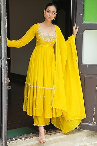Lime Yellow Uppada Silk & Viscose Organza Pearl Embroidered Anarkali Set by EnamourByRadha
