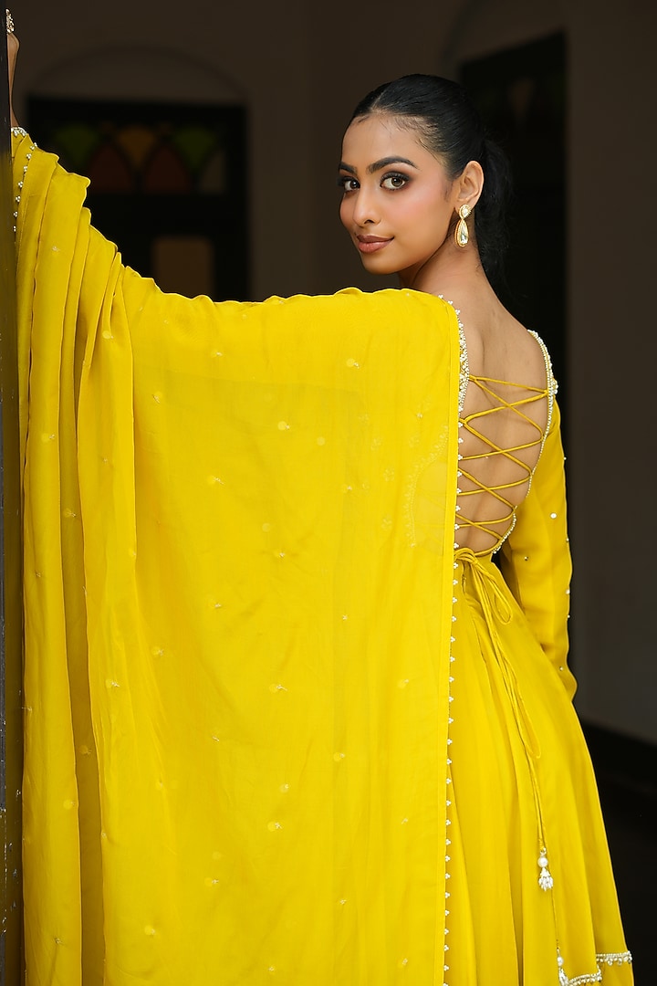 Lime Yellow Uppada Silk & Viscose Organza Pearl Embroidered Wedding Anarkali Set by EnamourByRadha at Pernia's Pop Up Shop