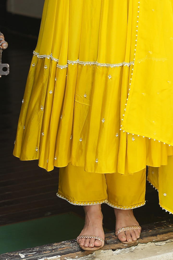 Lime Yellow Uppada Silk & Viscose Organza Pearl Embroidered Wedding Anarkali Set by EnamourByRadha at Pernia's Pop Up Shop
