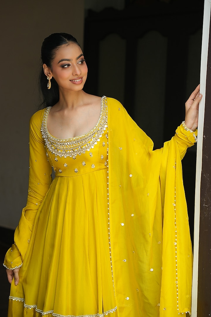 Lime Yellow Uppada Silk & Viscose Organza Pearl Embroidered Wedding Anarkali Set by EnamourByRadha at Pernia's Pop Up Shop