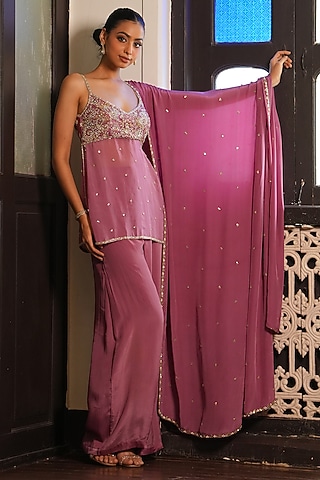 Mauve Pink Uppada Silk & Crepe Silk Sharara Set by enamourbyradha