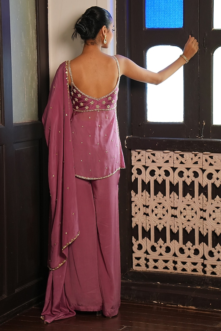 Mauve Pink Uppada Silk & Crepe Silk Wedding Sharara Set by EnamourByRadha at Pernia's Pop Up Shop