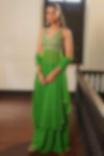 Parrot Green Uppada Silk & Georgette Wedding Anarkali Set by EnamourByRadha at Pernia's Pop Up Shop