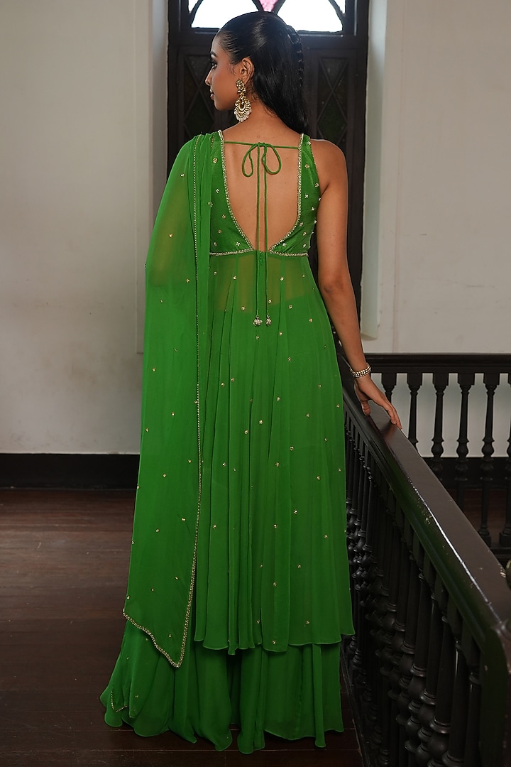 Parrot Green Uppada Silk & Georgette Wedding Anarkali Set by EnamourByRadha at Pernia's Pop Up Shop