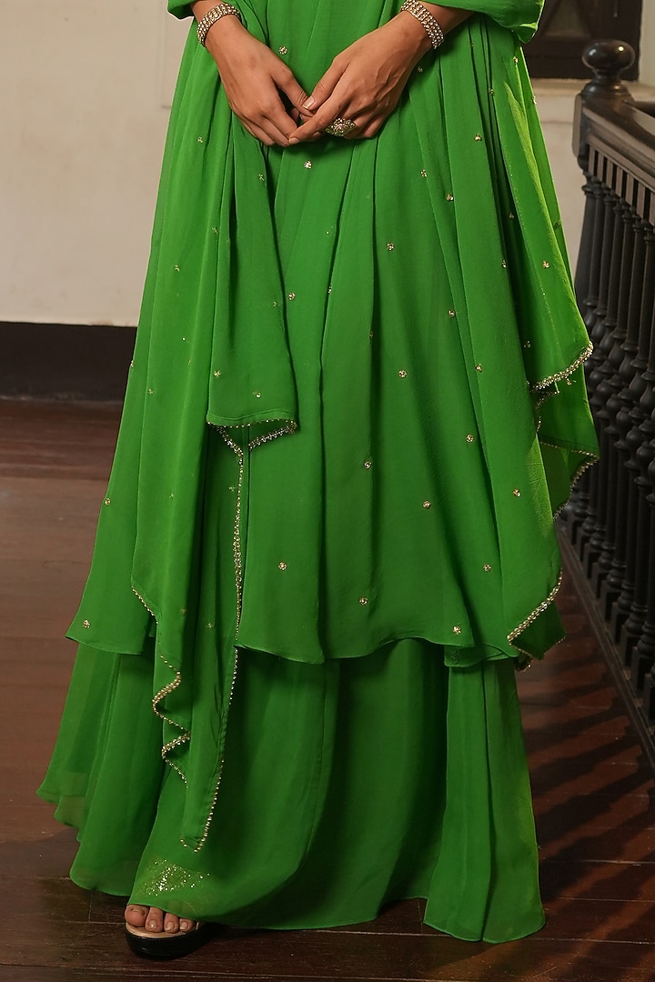 Parrot Green Uppada Silk & Georgette Wedding Anarkali Set by EnamourByRadha at Pernia's Pop Up Shop