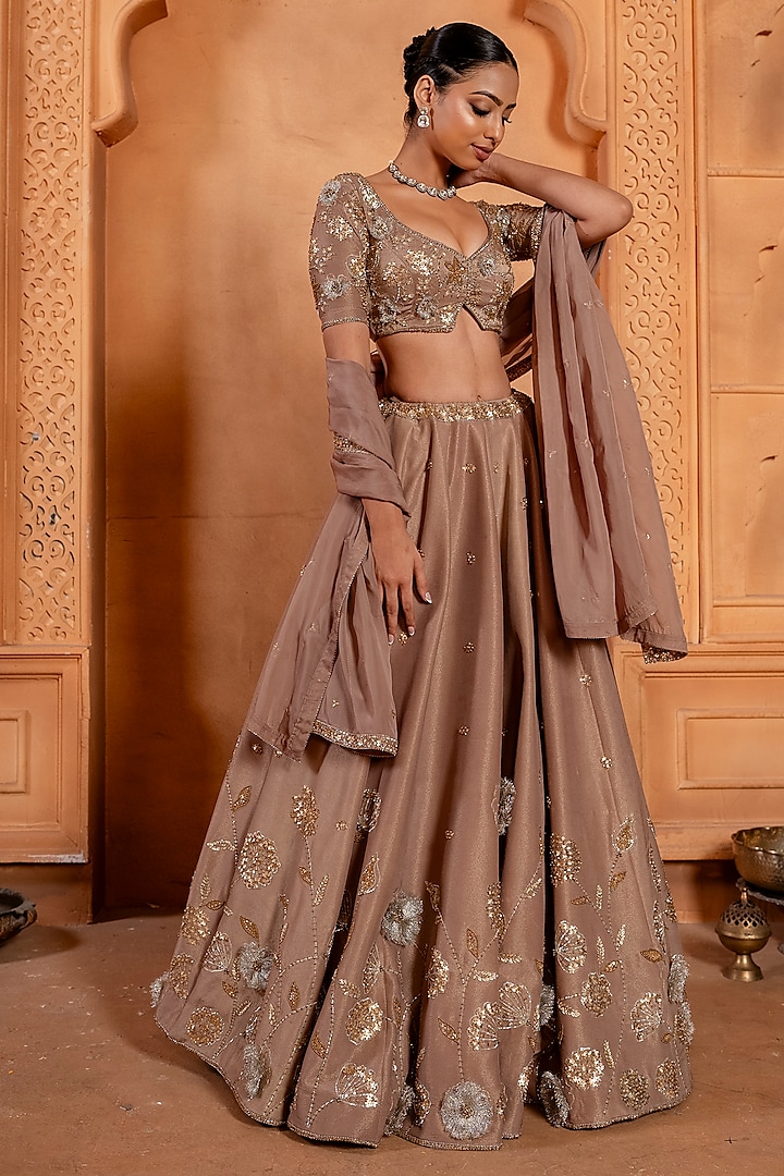 Nude Brown Upada Silk Zari & Sequins Hand Embroidered Wedding Lehenga Set by EnamourByRadha at Pernia's Pop Up Shop