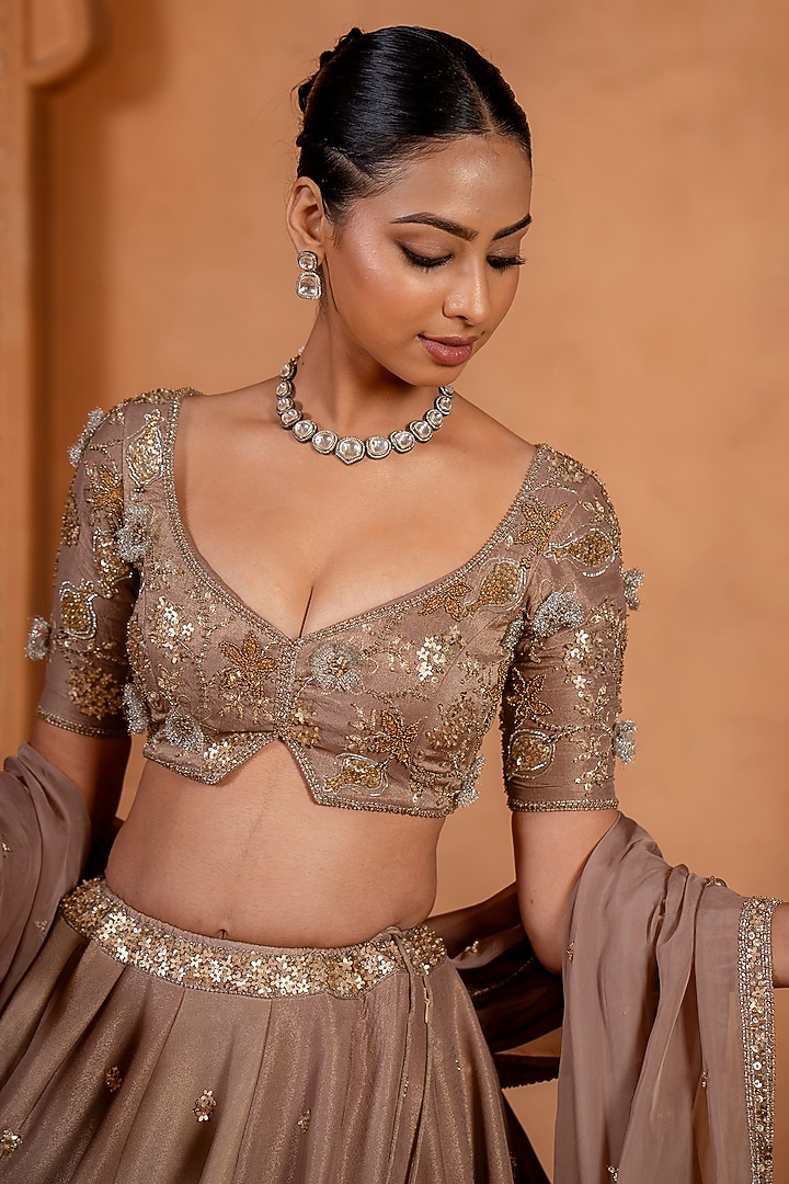 Nude Brown Upada Silk Zari & Sequins Hand Embroidered Wedding Lehenga Set by EnamourByRadha at Pernia's Pop Up Shop