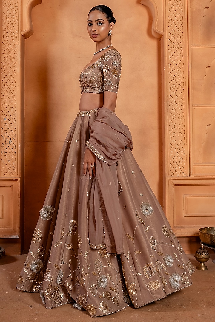 Nude Brown Upada Silk Zari & Sequins Hand Embroidered Wedding Lehenga Set by EnamourByRadha at Pernia's Pop Up Shop