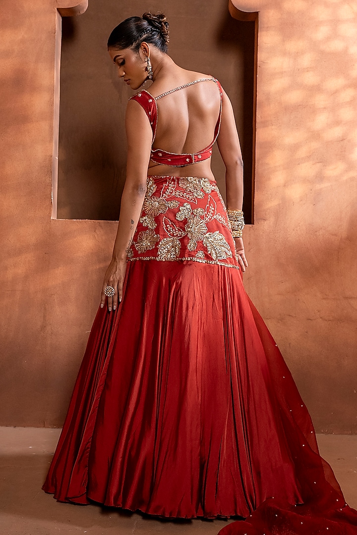 Burnt Orange Upada Silk & Bemberg Satin Zari Hand Embellished Wedding Lehenga Set by EnamourByRadha at Pernia's Pop Up Shop