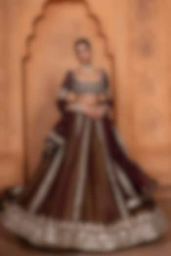 Deep Maroonish Brown Zari Silk & Upada Silk Sequins Embellished Wedding Lehenga Set by EnamourByRadha at Pernia's Pop Up Shop