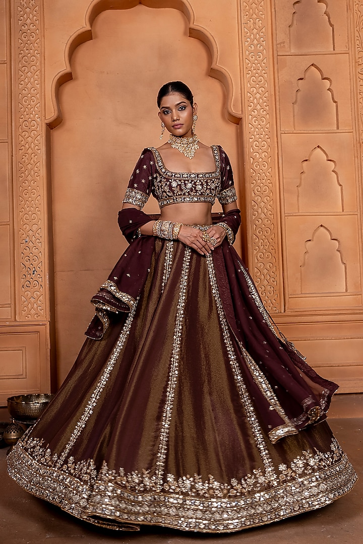 Deep Maroonish Brown Zari Silk & Upada Silk Sequins Embellished Wedding Lehenga Set by EnamourByRadha at Pernia's Pop Up Shop