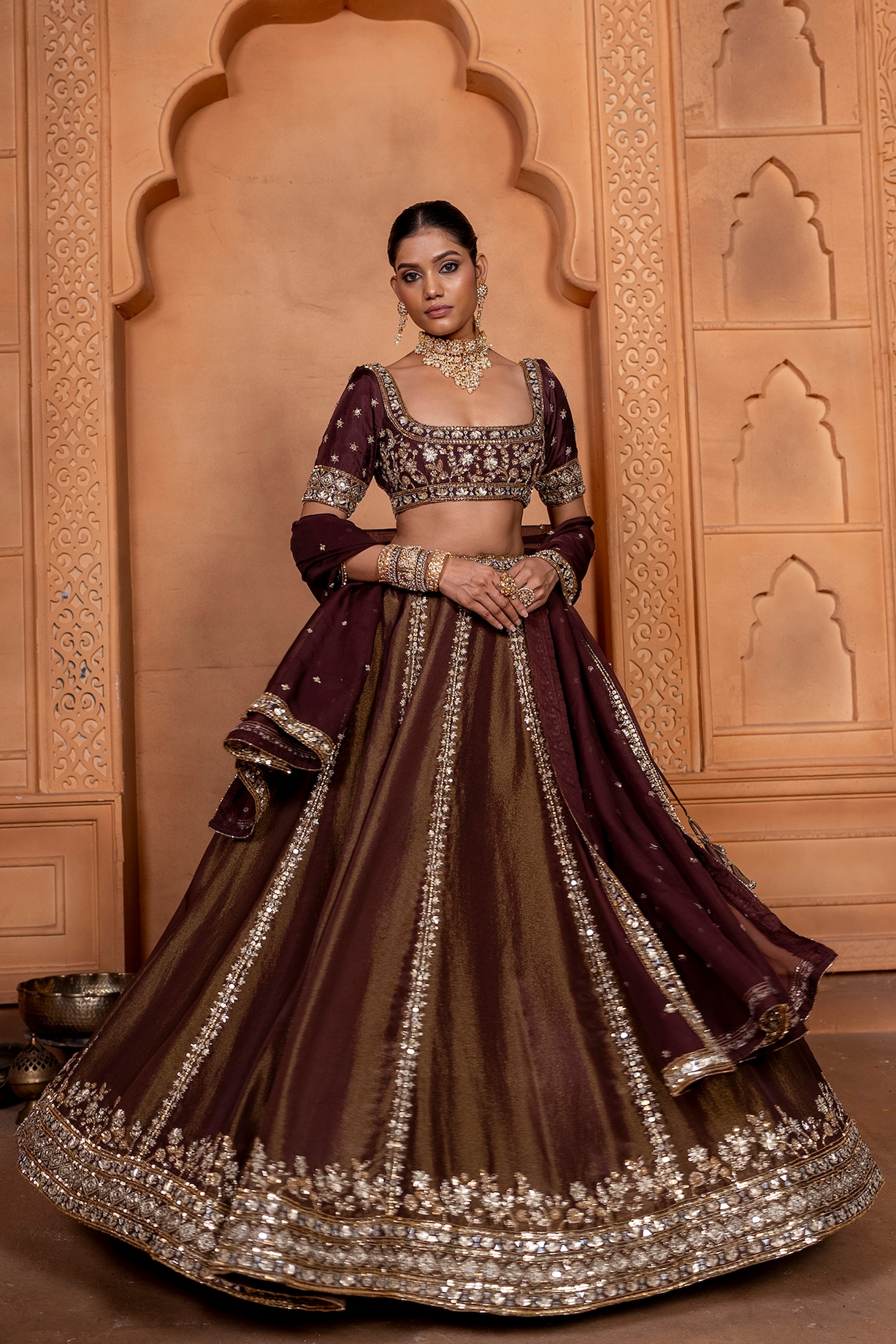 Deep Maroonish Brown Zari Silk Upada Silk Sequins Embellished