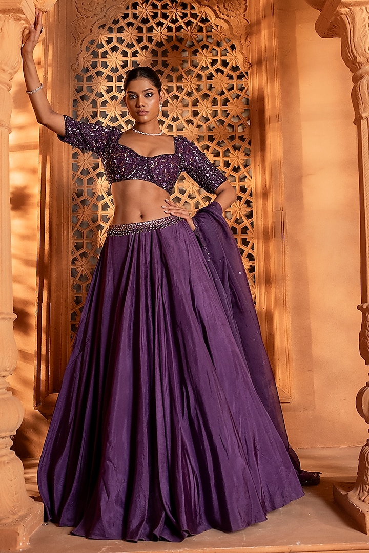 Deep Violet Upada Silk Sequins Embellished Wedding Lehenga Set by EnamourByRadha at Pernia's Pop Up Shop