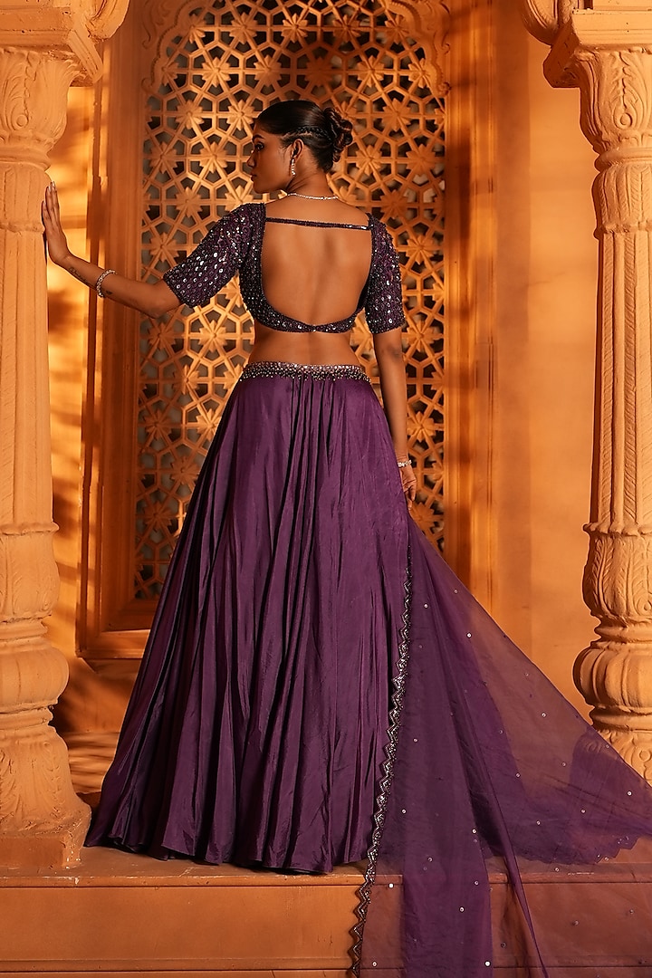 Deep Violet Upada Silk Sequins Embellished Wedding Lehenga Set by EnamourByRadha at Pernia's Pop Up Shop