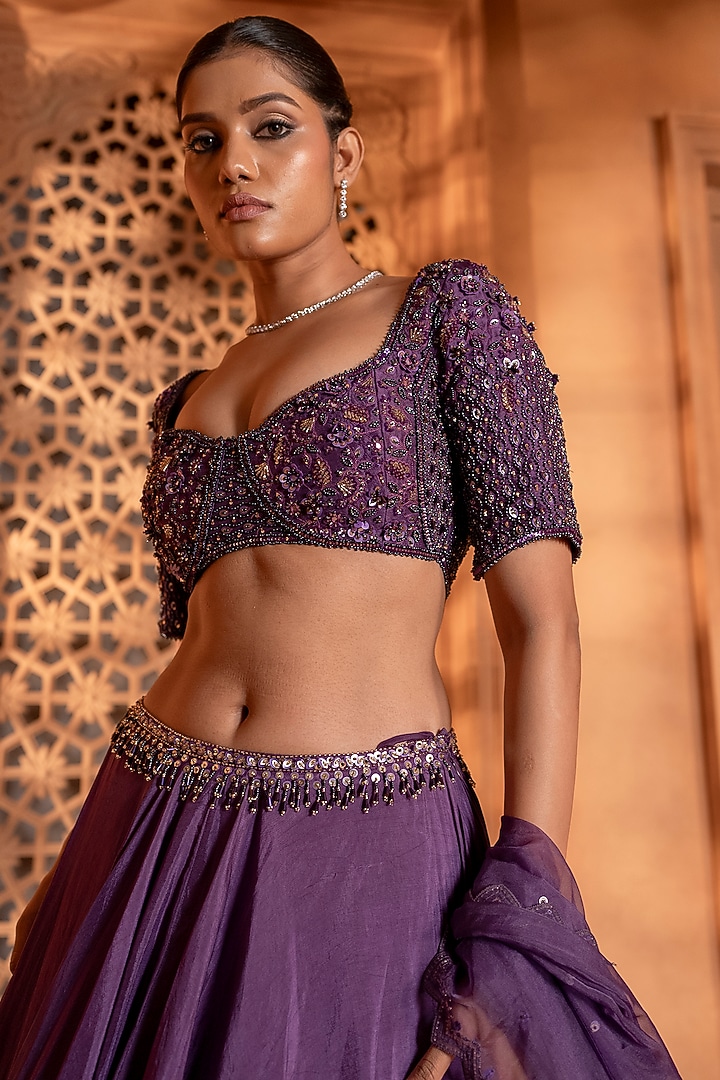 Deep Violet Upada Silk Sequins Embellished Wedding Lehenga Set by EnamourByRadha at Pernia's Pop Up Shop