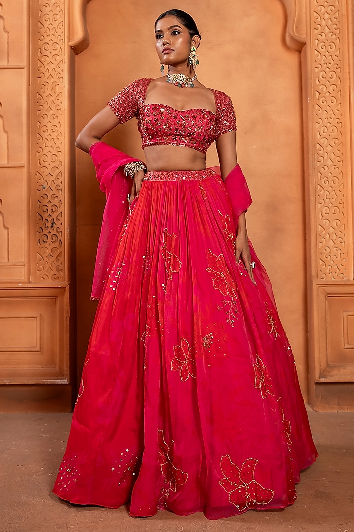 Red & Pink Organza Printed Wedding Lehenga Set by EnamourByRadha at Pernia's Pop Up Shop
