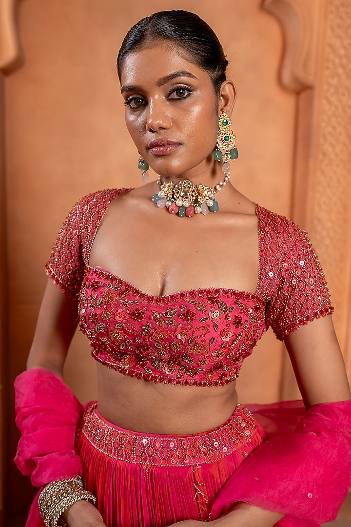 Red & Pink Organza Printed Wedding Lehenga Set by EnamourByRadha at Pernia's Pop Up Shop