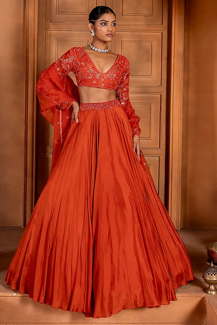 Orange Upada Silk Wedding Lehenga Set by EnamourByRadha at Pernia's Pop Up Shop