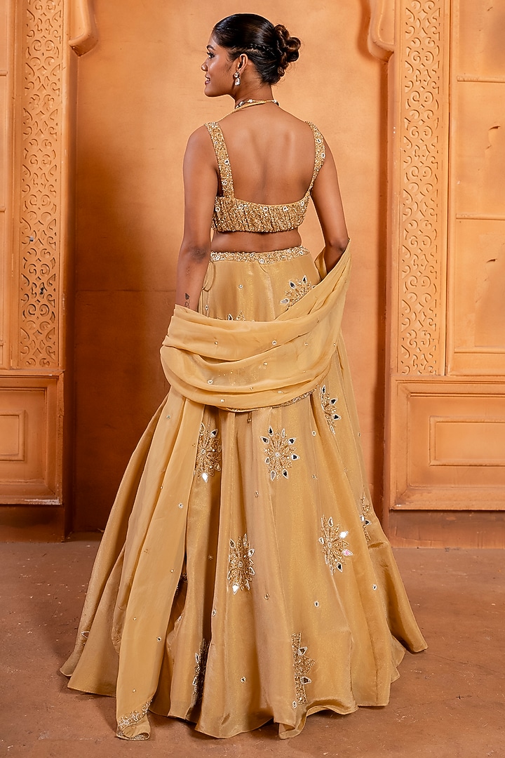 Gold Chinon Chiffon & Zari Silk Mirror Embellished Wedding Lehenga Set by EnamourByRadha at Pernia's Pop Up Shop