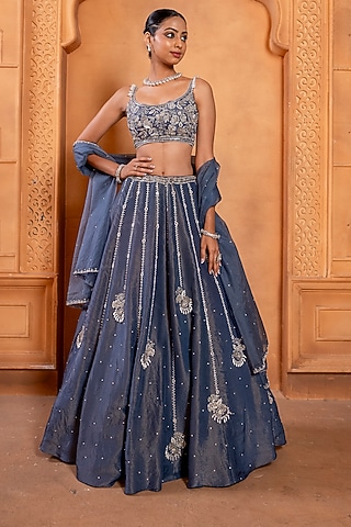 Denim Blue Zari Silk & Upada Silk Hand Embroidered Lehenga Set by EnamourByRadha