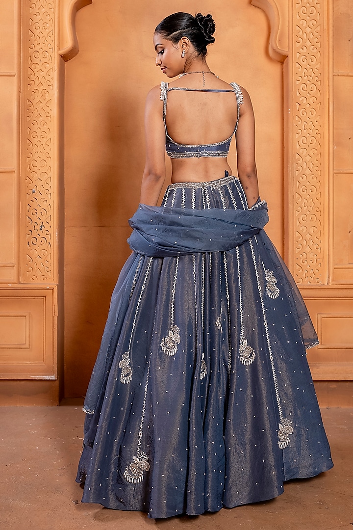 Denim Blue Zari Silk & Upada Silk Hand Embroidered Wedding Lehenga Set by EnamourByRadha at Pernia's Pop Up Shop