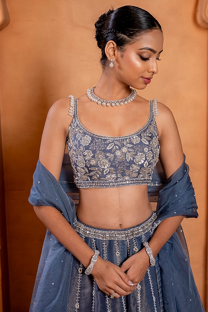 Denim Blue Zari Silk & Upada Silk Hand Embroidered Wedding Lehenga Set by EnamourByRadha at Pernia's Pop Up Shop
