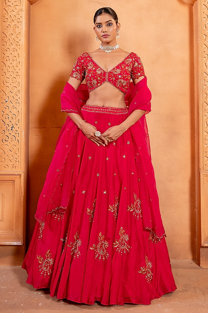 Gulabi Pink Upada Silk Resham & Mirror Embroidered Wedding Lehenga Set by EnamourByRadha at Pernia's Pop Up Shop