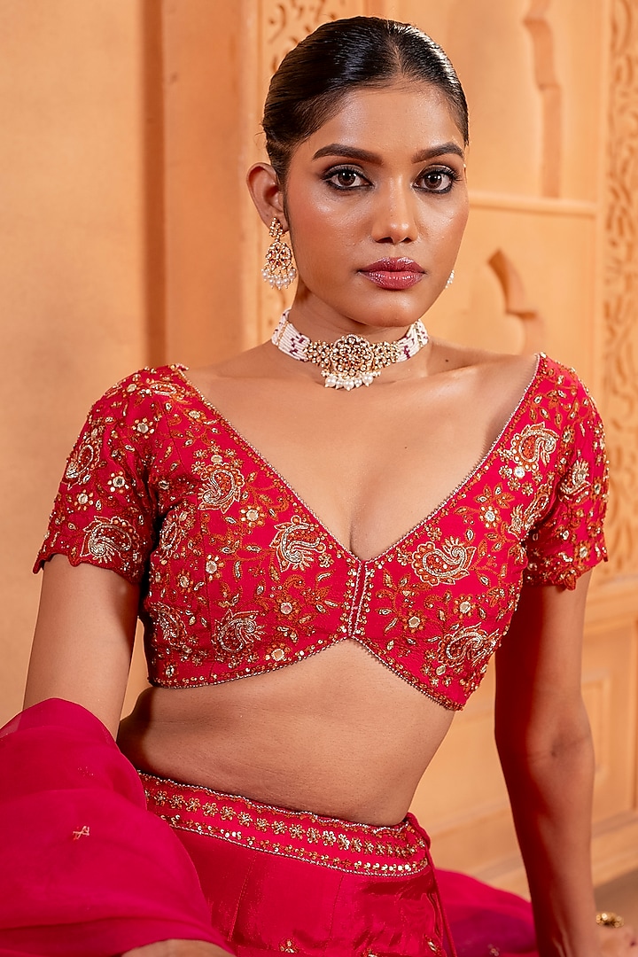 Gulabi Pink Upada Silk Resham & Mirror Embroidered Wedding Lehenga Set by EnamourByRadha at Pernia's Pop Up Shop