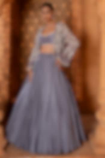 Powder Blue Upada Silk & Organza Beads Embroidered Jacket Wedding Lehenga Set by EnamourByRadha at Pernia's Pop Up Shop