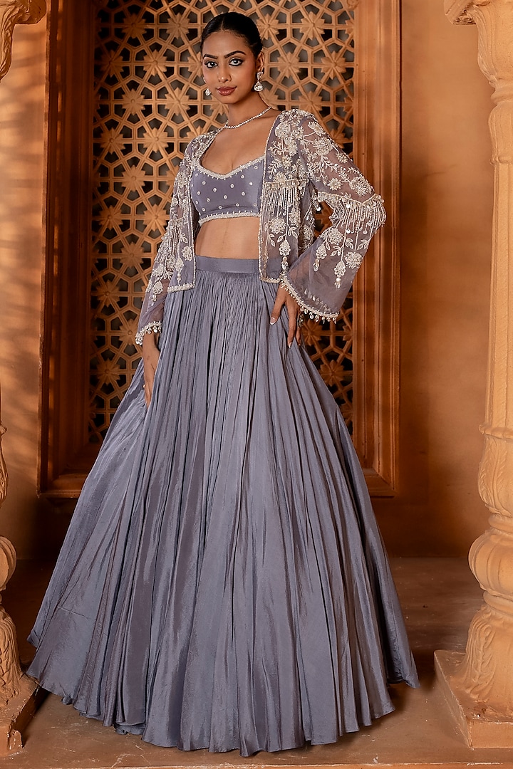 Powder Blue Upada Silk & Organza Beads Embroidered Jacket Wedding Lehenga Set by EnamourByRadha at Pernia's Pop Up Shop