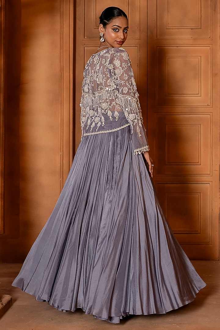 Powder Blue Upada Silk & Organza Beads Embroidered Jacket Wedding Lehenga Set by EnamourByRadha at Pernia's Pop Up Shop