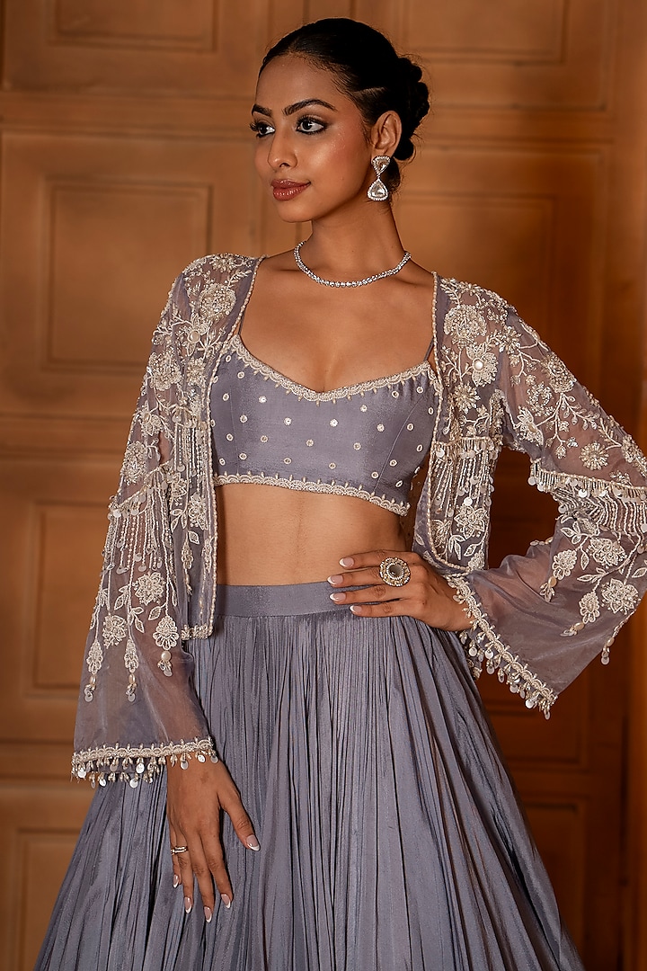 Powder Blue Upada Silk & Organza Beads Embroidered Jacket Wedding Lehenga Set by EnamourByRadha at Pernia's Pop Up Shop
