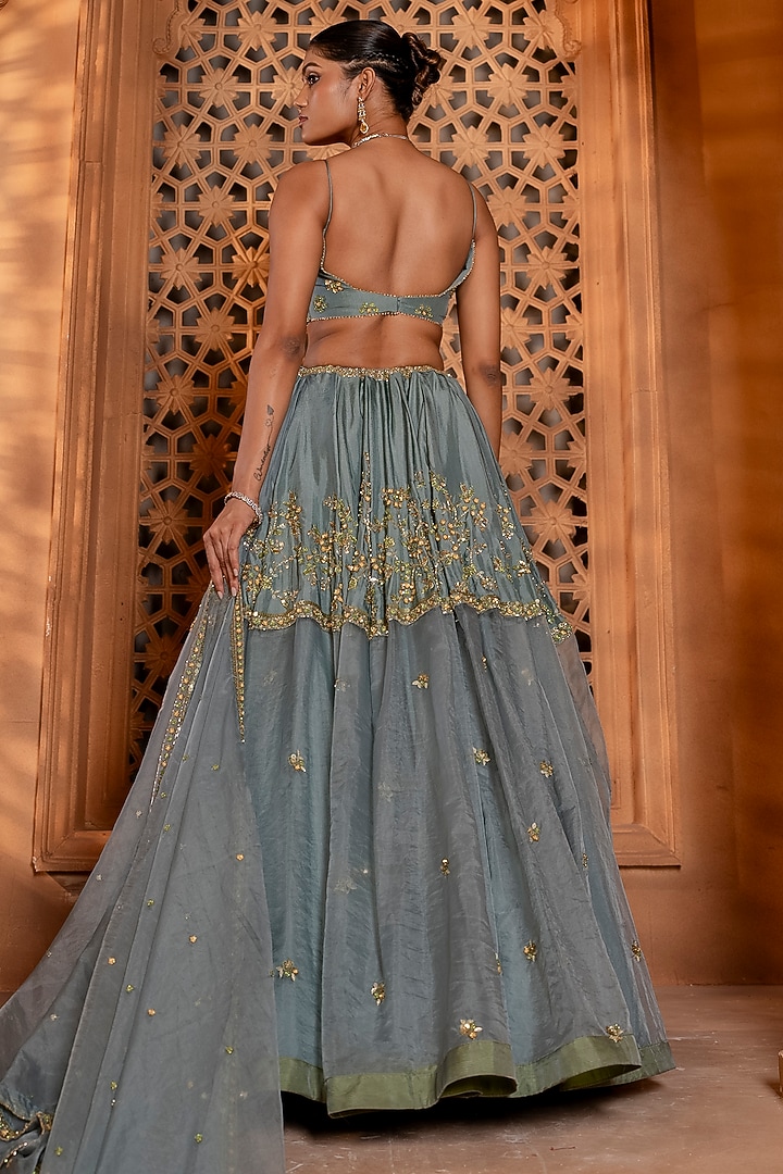 Ocean Blue Upada Silk Zardosi Embroidered Wedding Lehenga Set by EnamourByRadha at Pernia's Pop Up Shop
