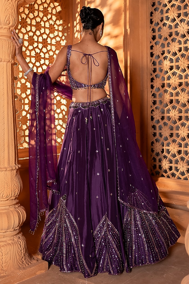 Deep Violet Upada Silk Sequins Embroidered Wedding Lehenga Set by EnamourByRadha at Pernia's Pop Up Shop