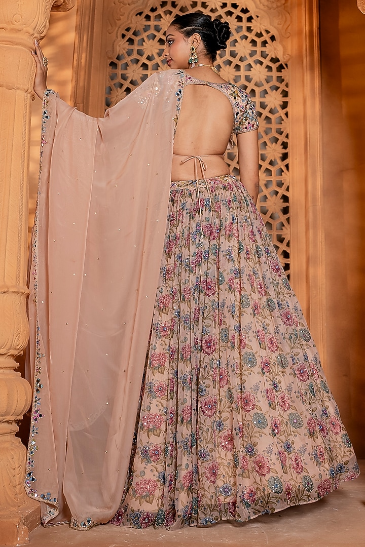 Multi-Colored Organza Printed & Mirror Embroidered Wedding Lehenga Set by EnamourByRadha at Pernia's Pop Up Shop