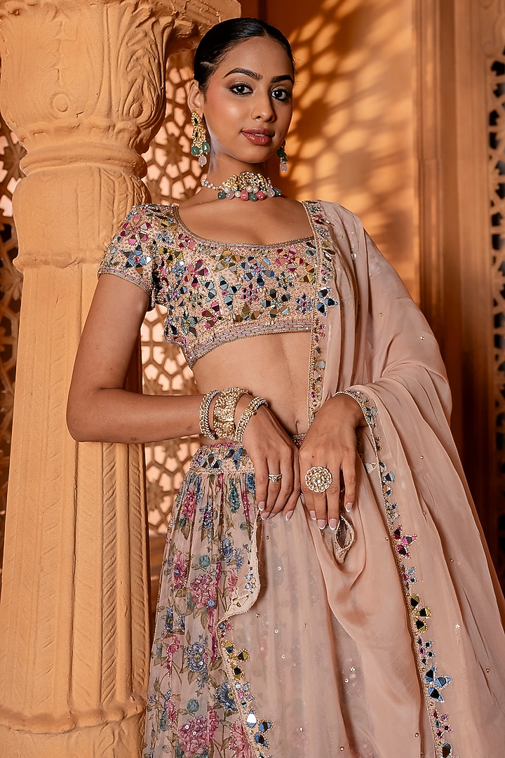 Multi-Colored Organza Printed & Mirror Embroidered Wedding Lehenga Set by EnamourByRadha at Pernia's Pop Up Shop