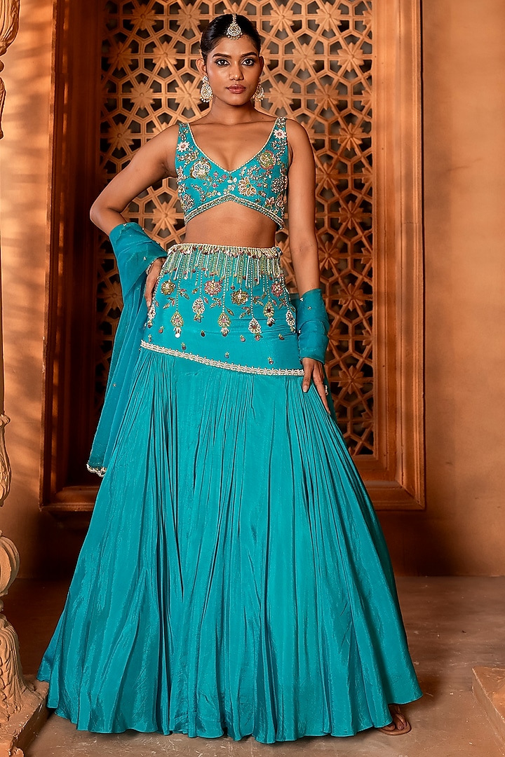 Blue Upada Silk Pearl & Sequins Embroidered Wedding Lehenga Set by EnamourByRadha at Pernia's Pop Up Shop