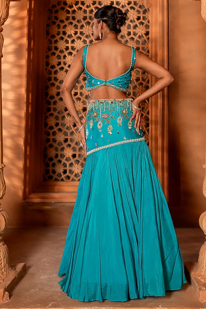 Blue Upada Silk Pearl & Sequins Embroidered Wedding Lehenga Set by EnamourByRadha at Pernia's Pop Up Shop